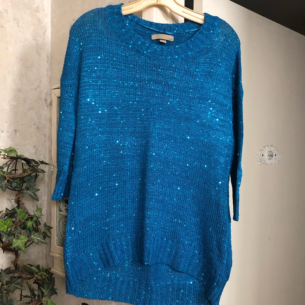 Women's turquoise Blue sequin high low hem Sweater